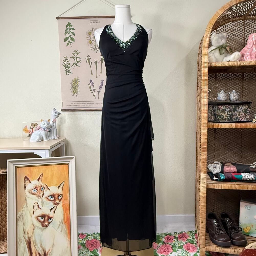 Y2k Mesh Rhinestone Halter Ruched Formal Maxi Dress Sexy Dark Romantic Fairy S